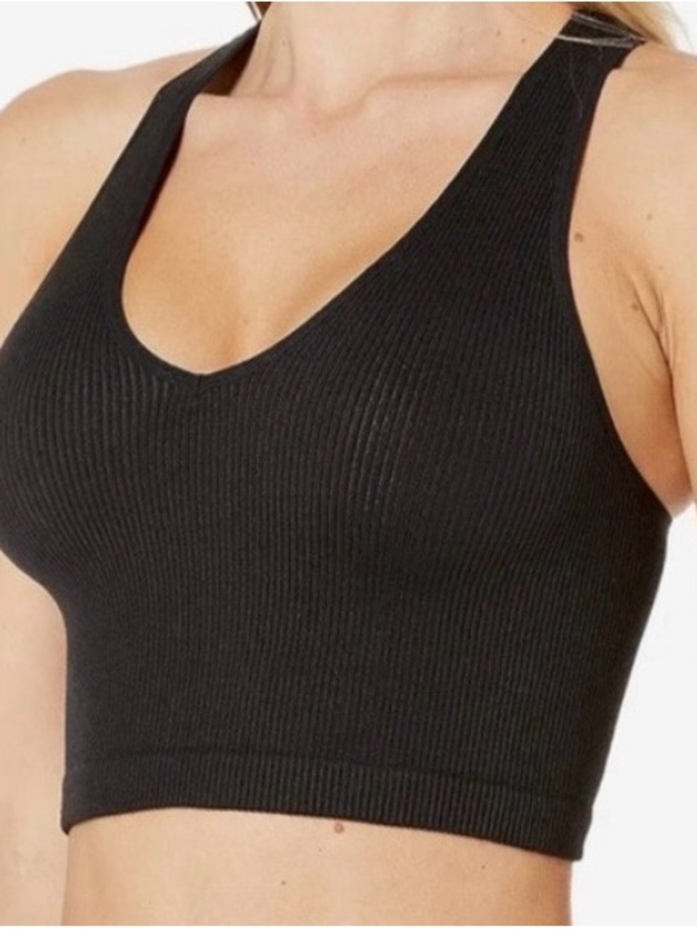 Free People Black Ribbed V-Neck Crop Tank - Size M